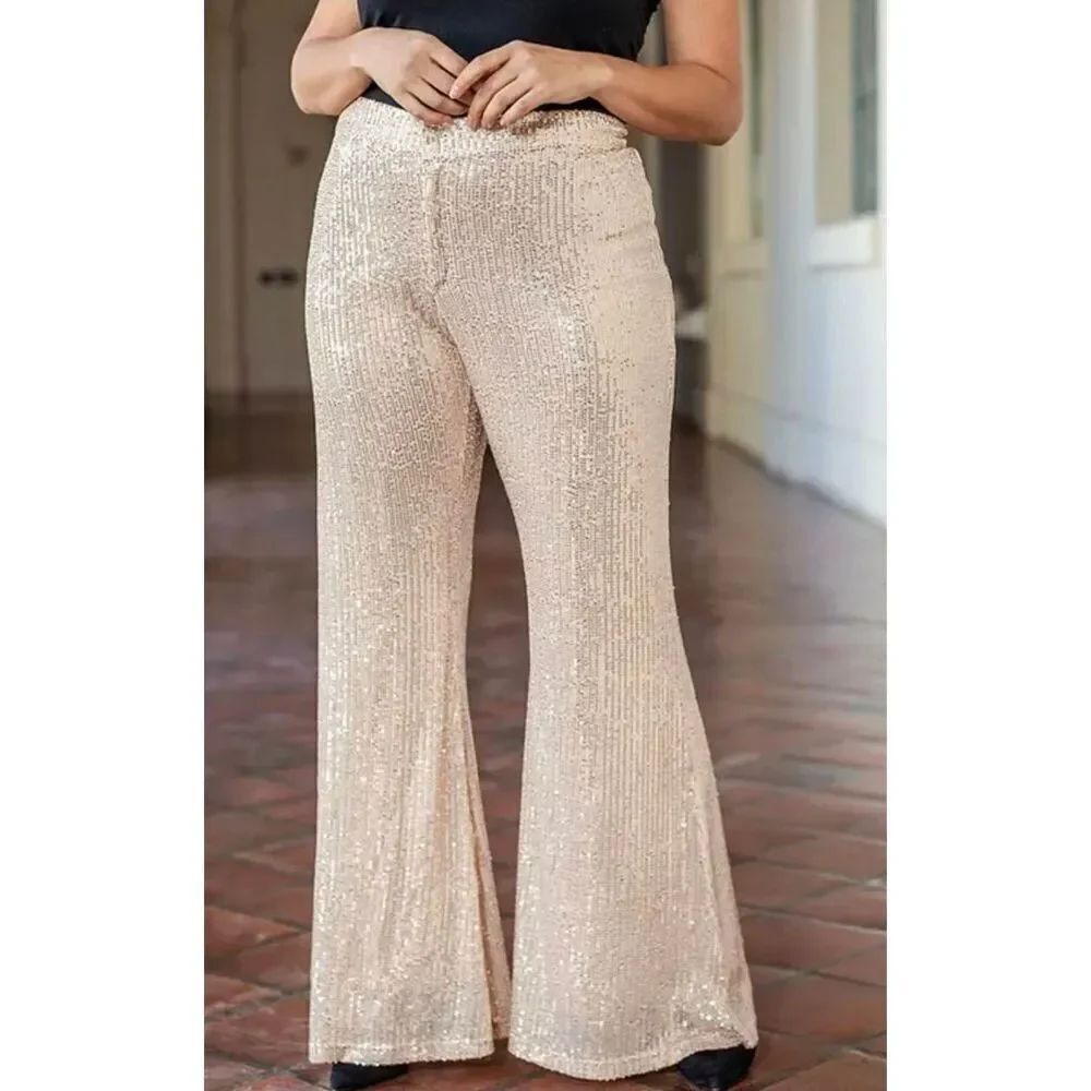 Saints & Hearts Champagne Sequin McBling Wide Leg Bell Bottom Pants Small Maxima